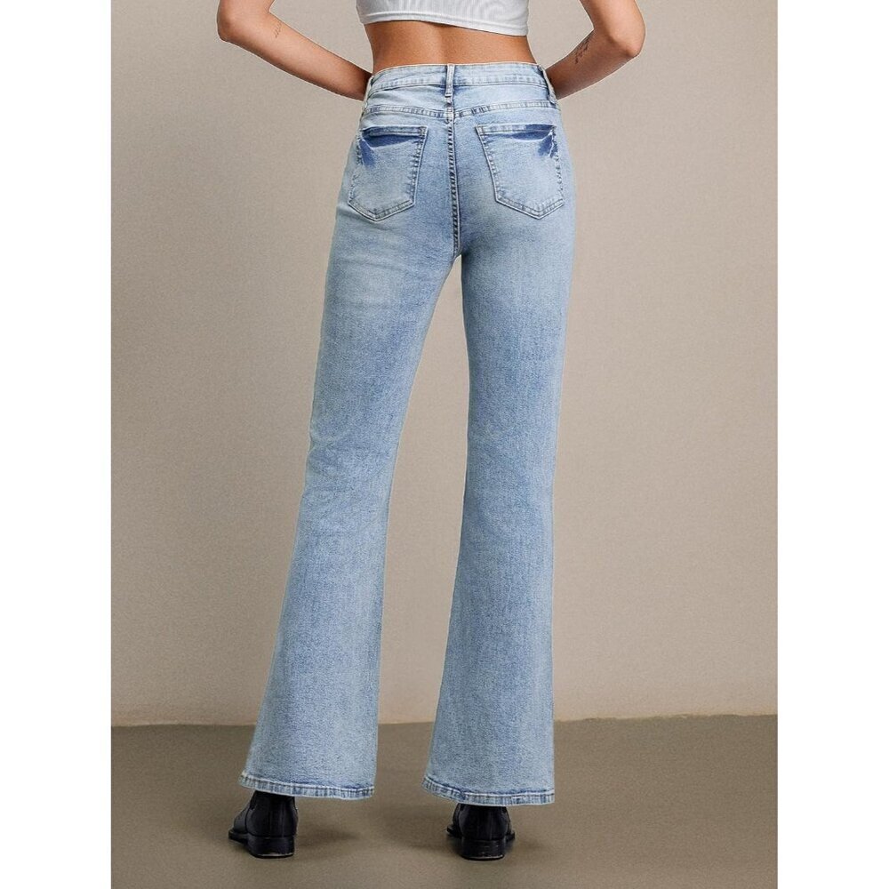 Women Flared Denim Jeans High Waist Y2K Distressed Bootcut Pants - Picture 3 of 7